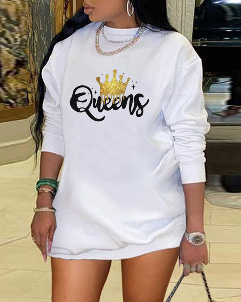 

Plus Size Letter Crown Print Long Sleeve Sweatshirt, White