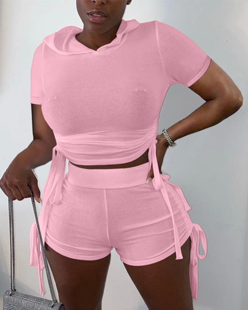 

Drawstring Ruched Hooded Crop Top & Shorts Set, Pink