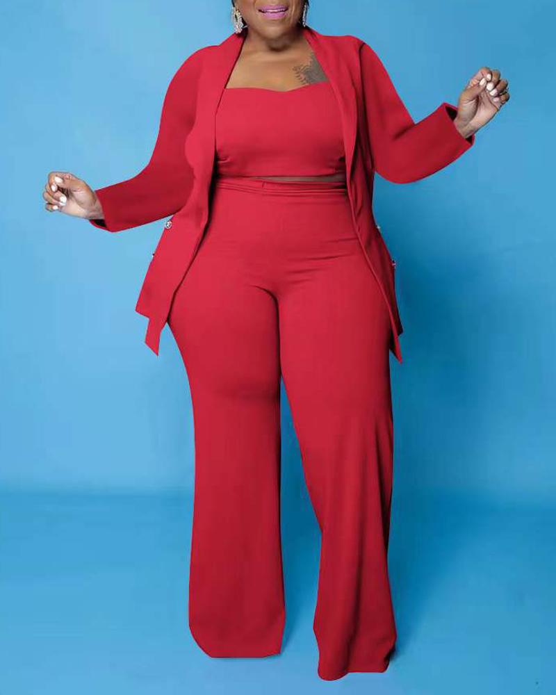 

Plus Size 3PCS Double Breasted Blazer & Pants Set With Crop Top, Red