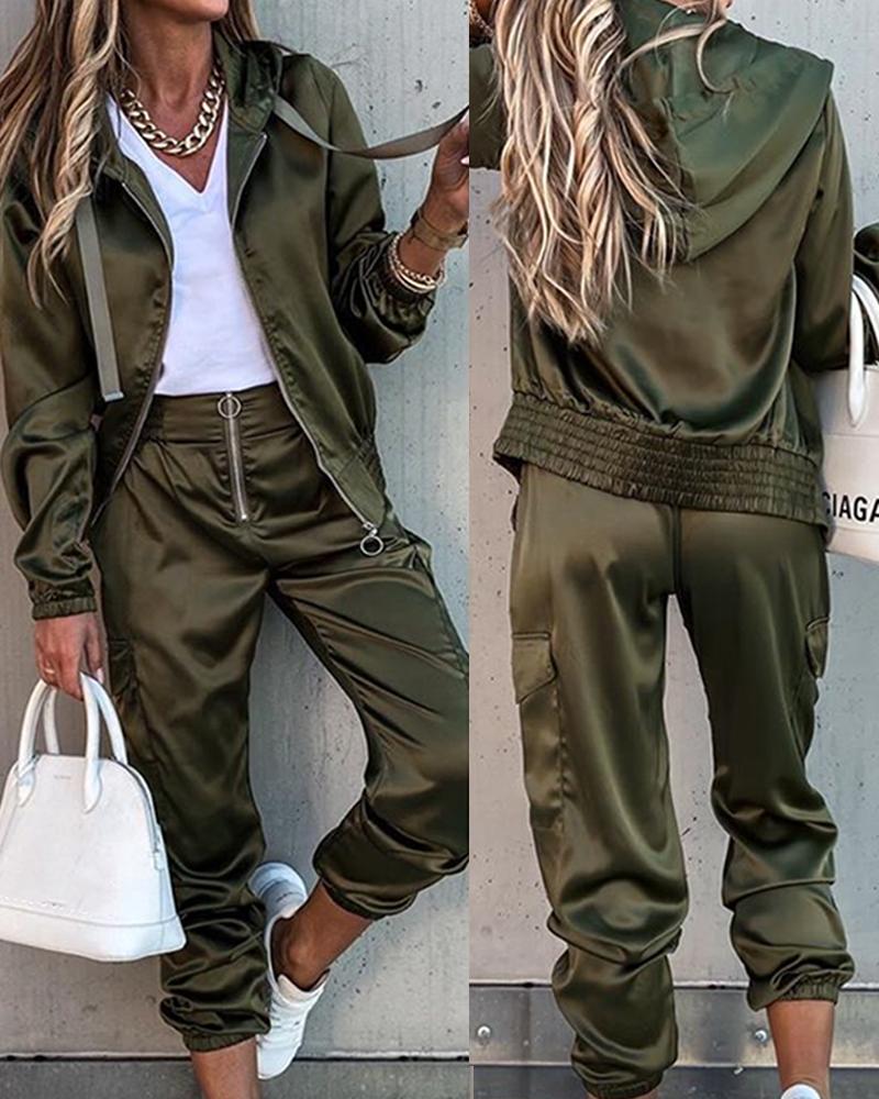 

Solid Long Sleeve Loose Hoodies Suit Sets, Army green