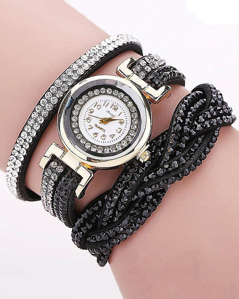 

Rhinestone Decor Twine Quartz Wrist Watch & Bracelet Set, Black