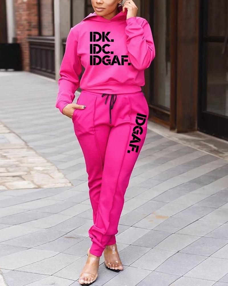 

Letter Print Long Sleeve Casual Hoodie & Pants Set, Hot pink