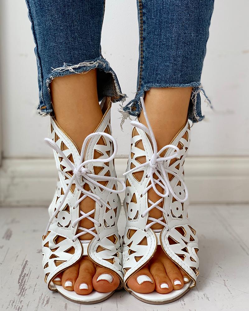 

Hollow Out Lace-up PU Wedge Sandals, White