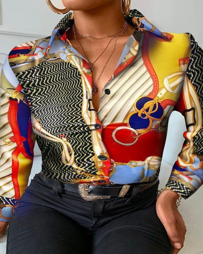 

Plus Size Scarf Print Button Down Shirt, Multicolor