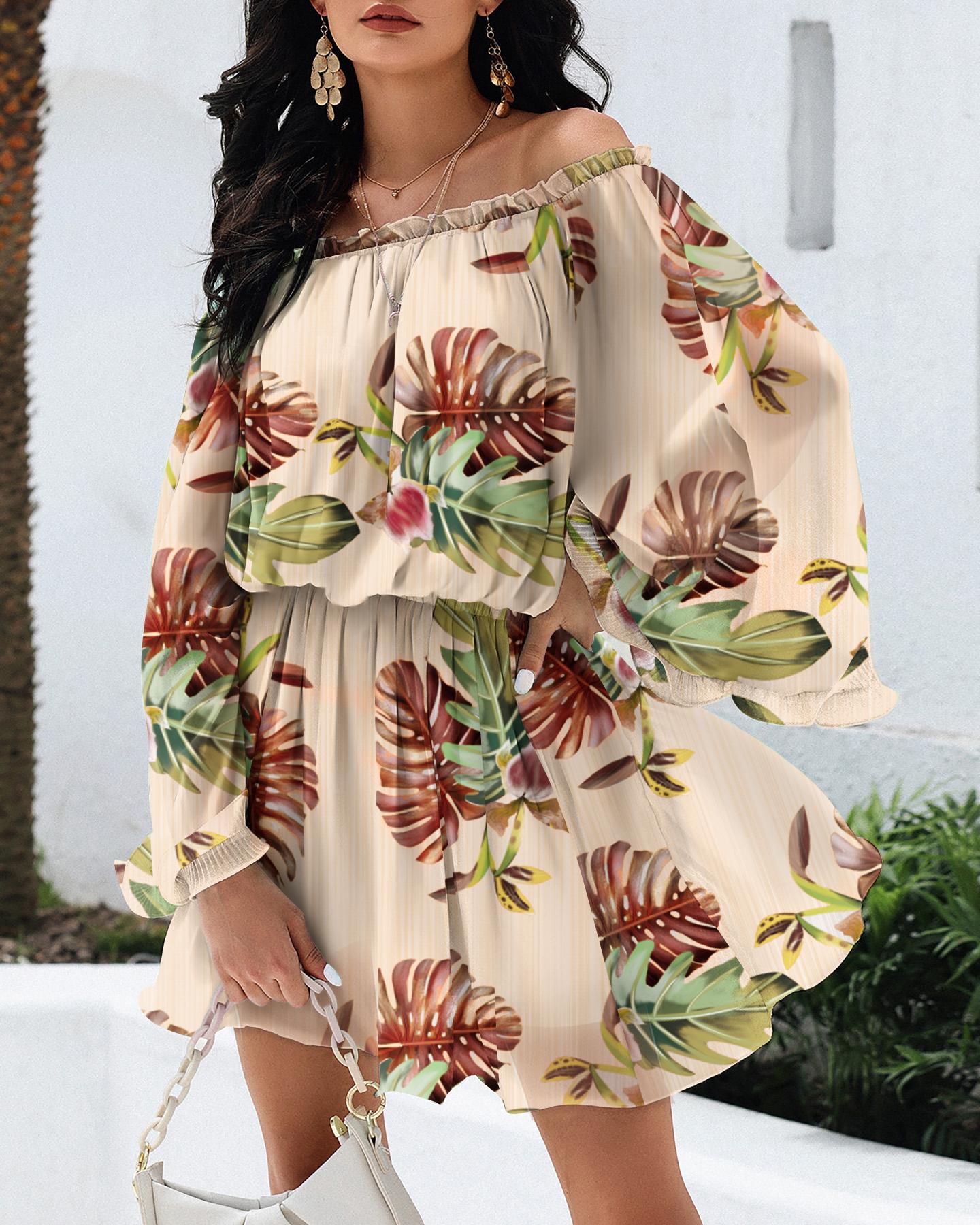 

Floral Print Off Shoulder Ruched Bell Sleeve Casual Dress, Apricot