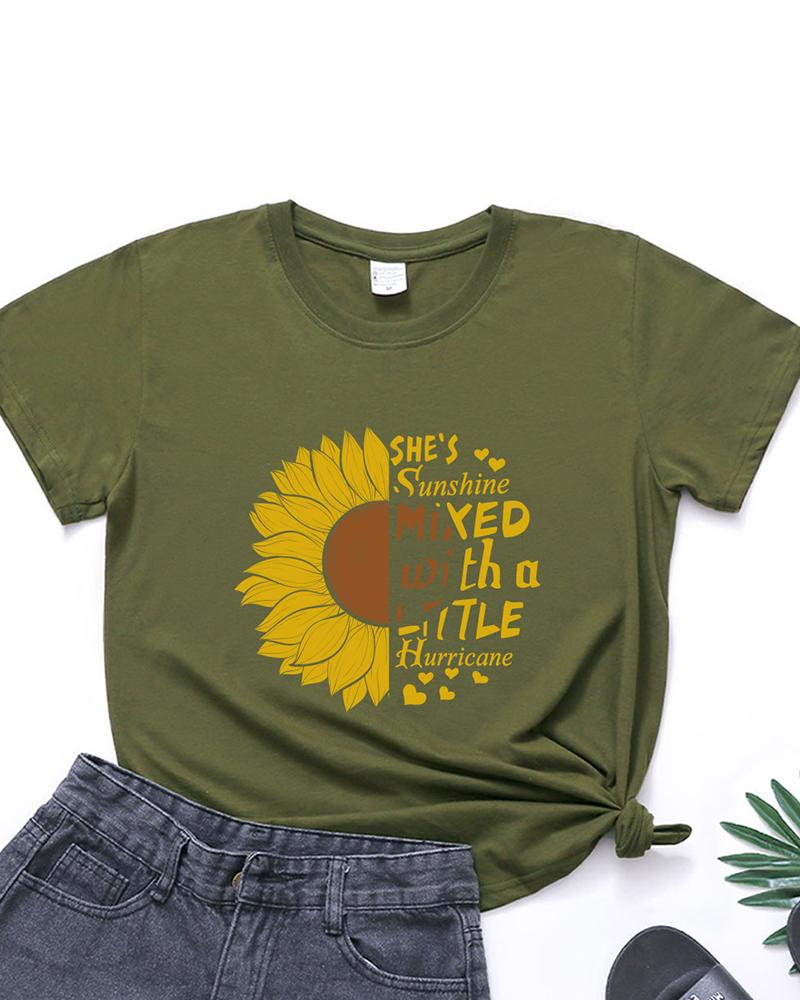 

Sunflower&Letter Print Short Sleeve T-shirt, Army green