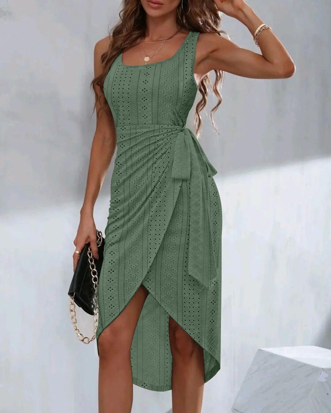 

Eyelet Embroidery Tied Detail Slit Casual Dress, Green