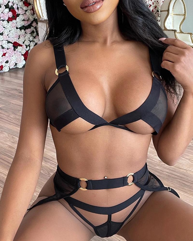 

Cut-Out O-Ring Sheer Mesh Garter Lingerie Set, Black
