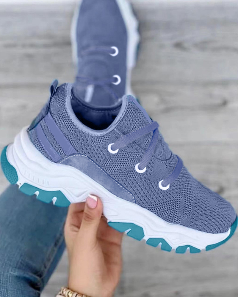 

Contrast Paneled Lace-up Breathable Sneakers, Blue