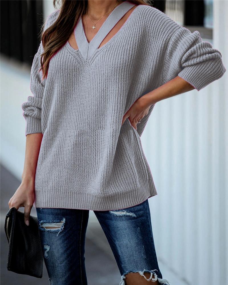 

Cut Out V-neck Loose Sweater, Gray