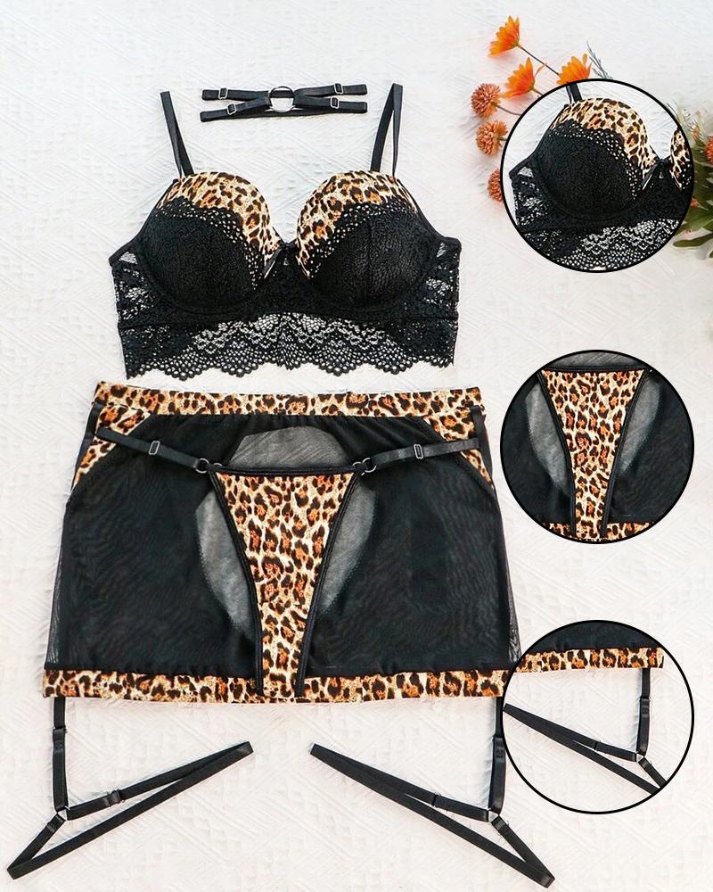 

Contrast Leopard Sheer Mesh Lace Garter Lingerie Set, Black