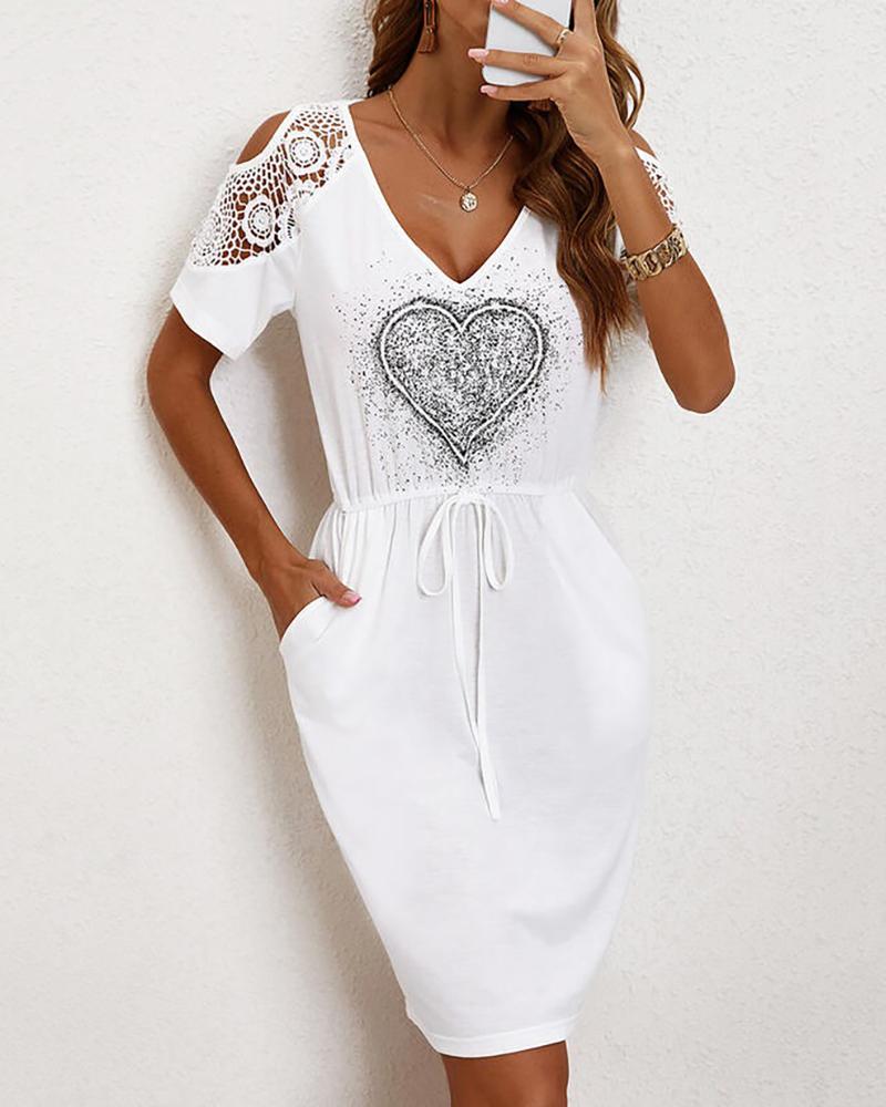 

Heart Print Drawstring Pocket Design Casual Dress, White