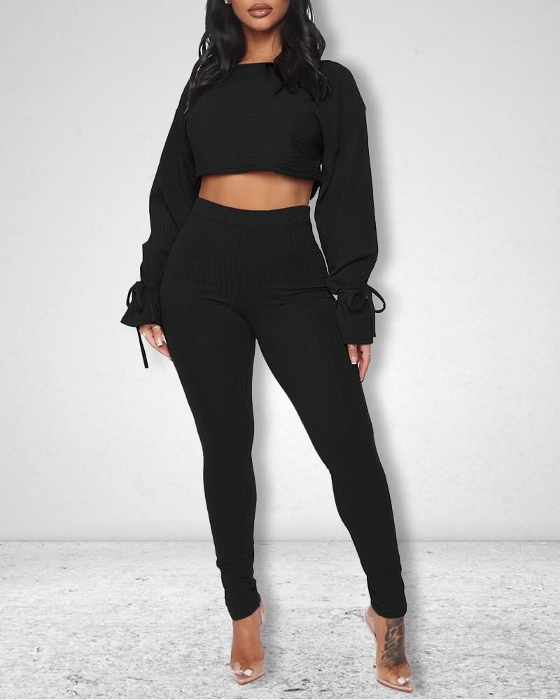 

Belted Hem Long Sleeve Crop Top & Pants Set, Black