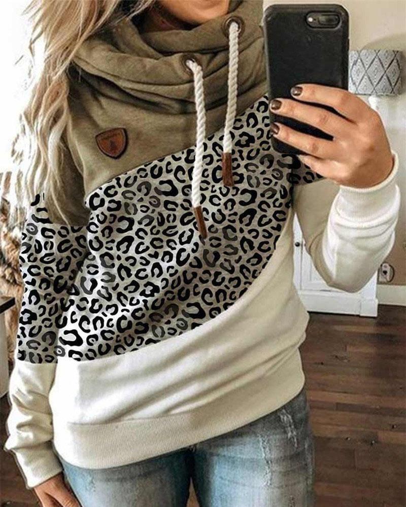 

Leopard Print Colorblock Lantern Sleeve Hooded Top, Khaki