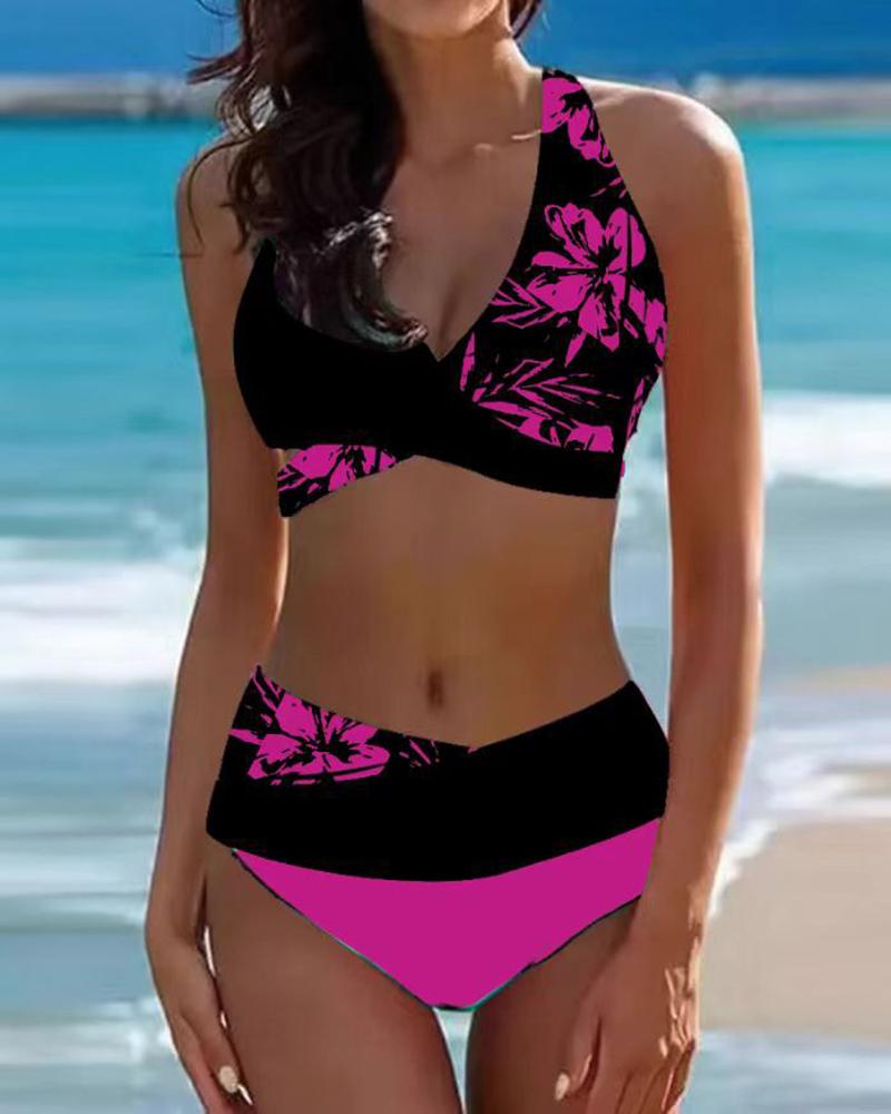

Floral Print Colorblock V-Neck Crisscross Bikini Set, Hot pink