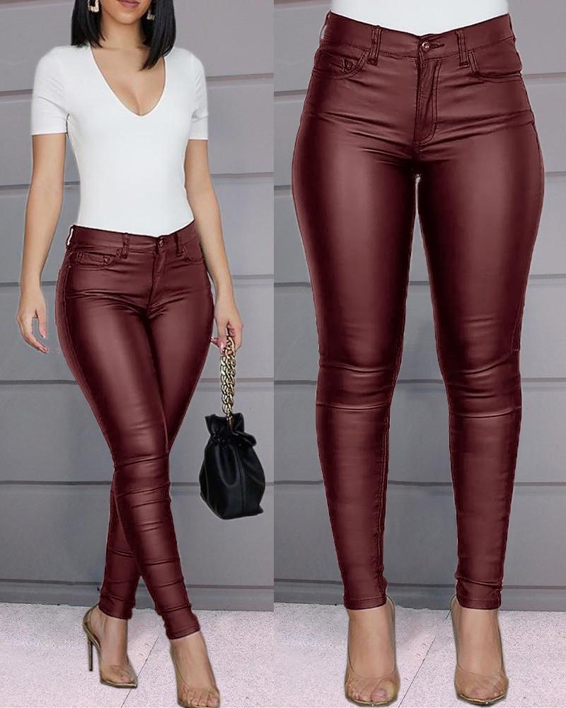 

PU Leather High Waist Single Button Pants, Wine red