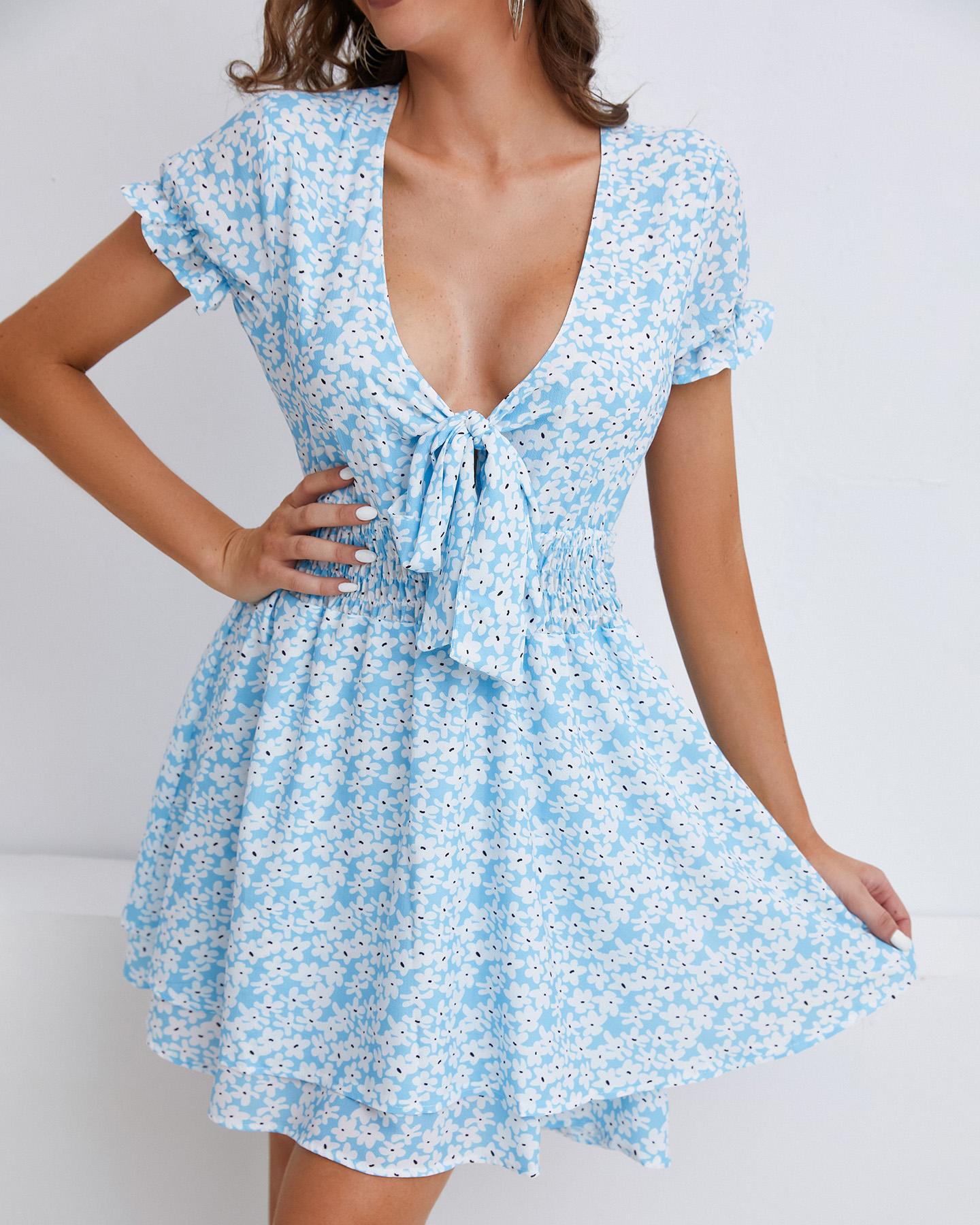 

Knotted Layered Ruffles Ditsy Floral Print Dress, Blue