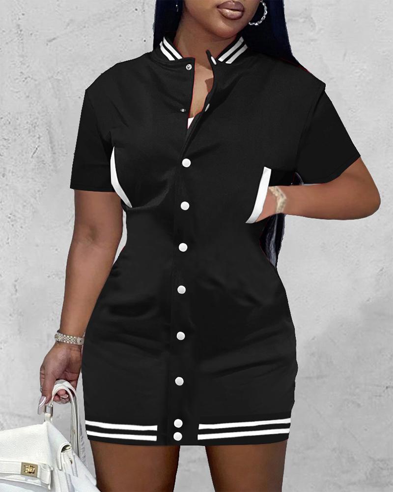 

Button Front Pocket Decor Contrast Paneled Dress, Black