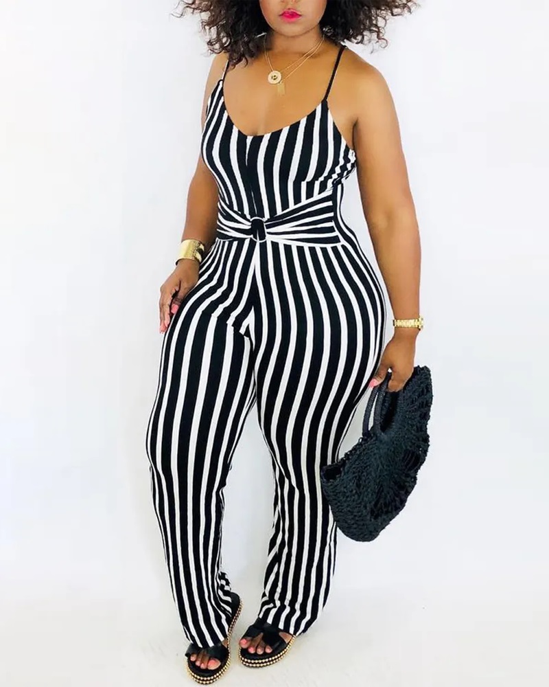 

Striped Print O-Ring Decor Spaghetti Strap Jumpsuit, Black