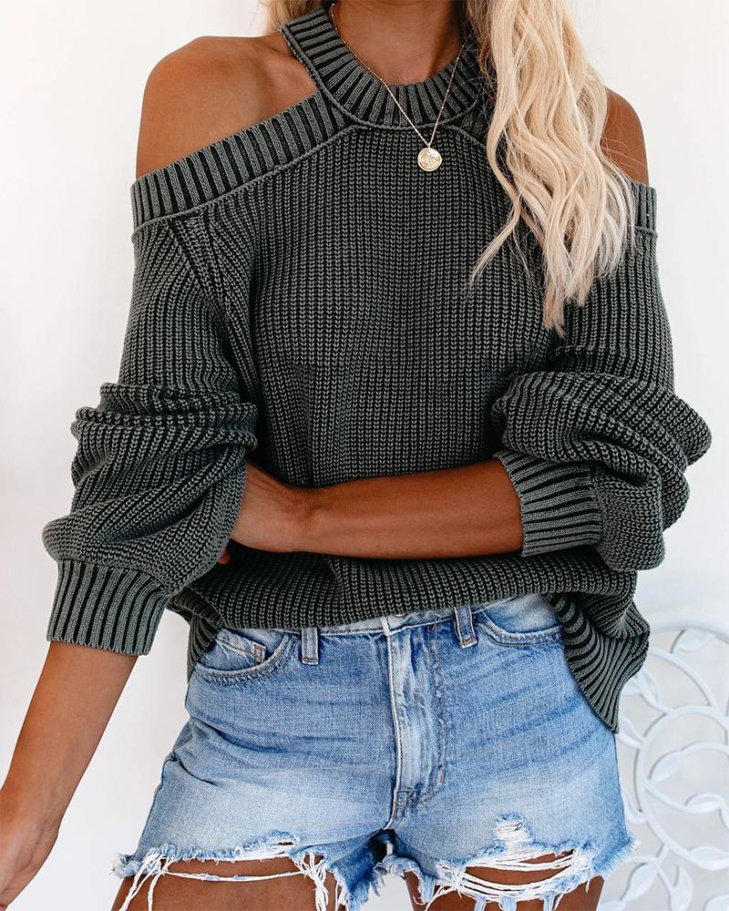

Solid Long Sleeve Cold Shoulder Cut-out Sweaters, Gray