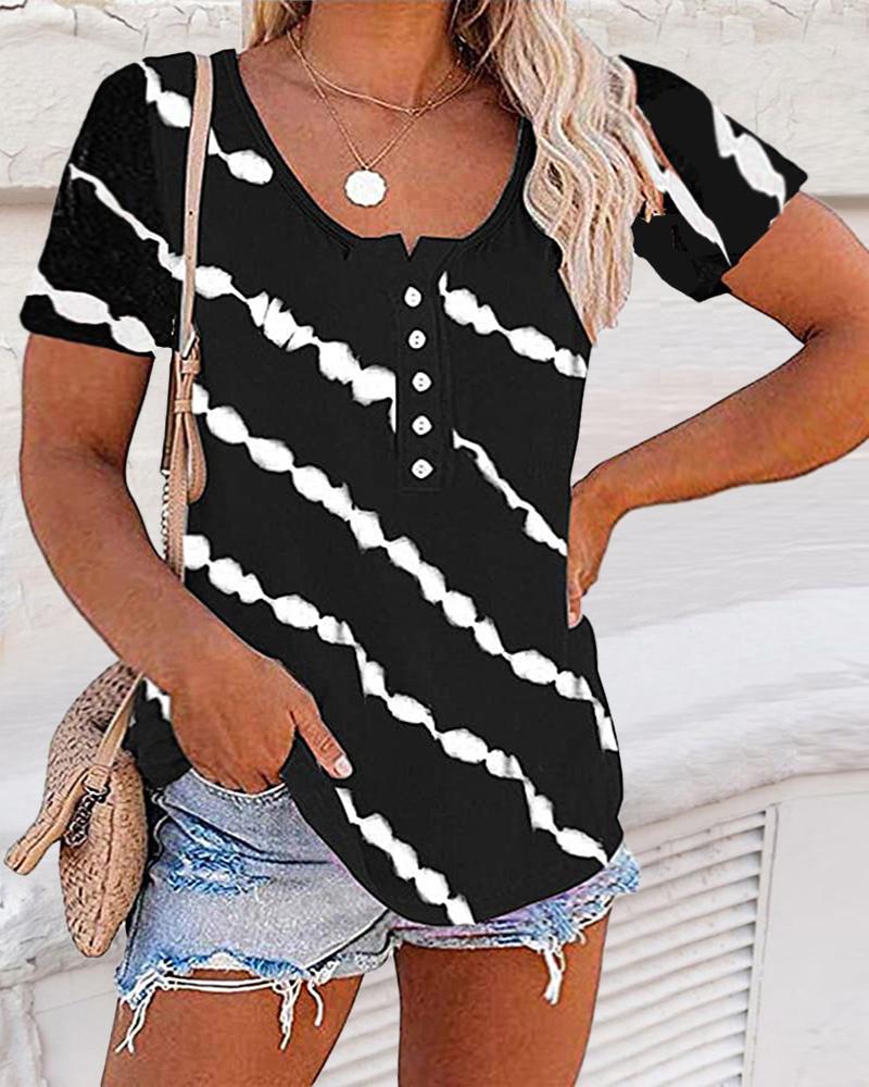 

Plus Size Tie Dye Print Button Detail Casual T-shirt, Black