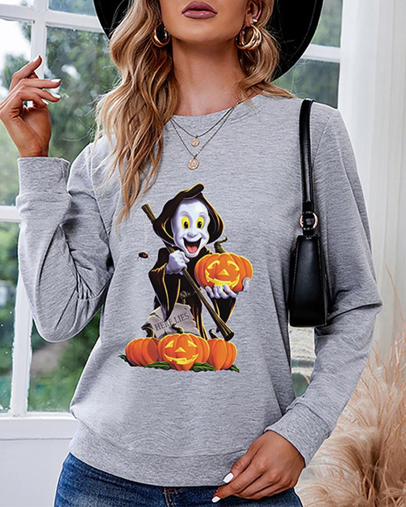 

Halloween Monster Pumpkin Print Long Sleeve Sweatshirt, Gray