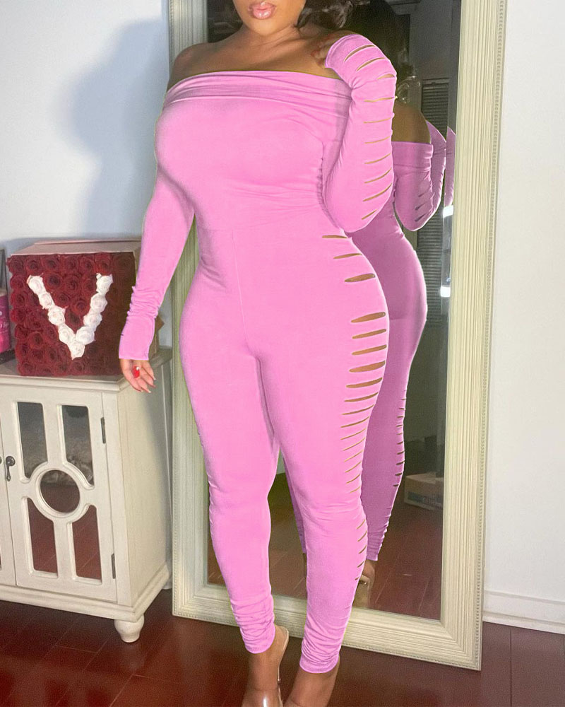

Off Shoulder Ladder Cutout Skinny Jumpsuit, Pink