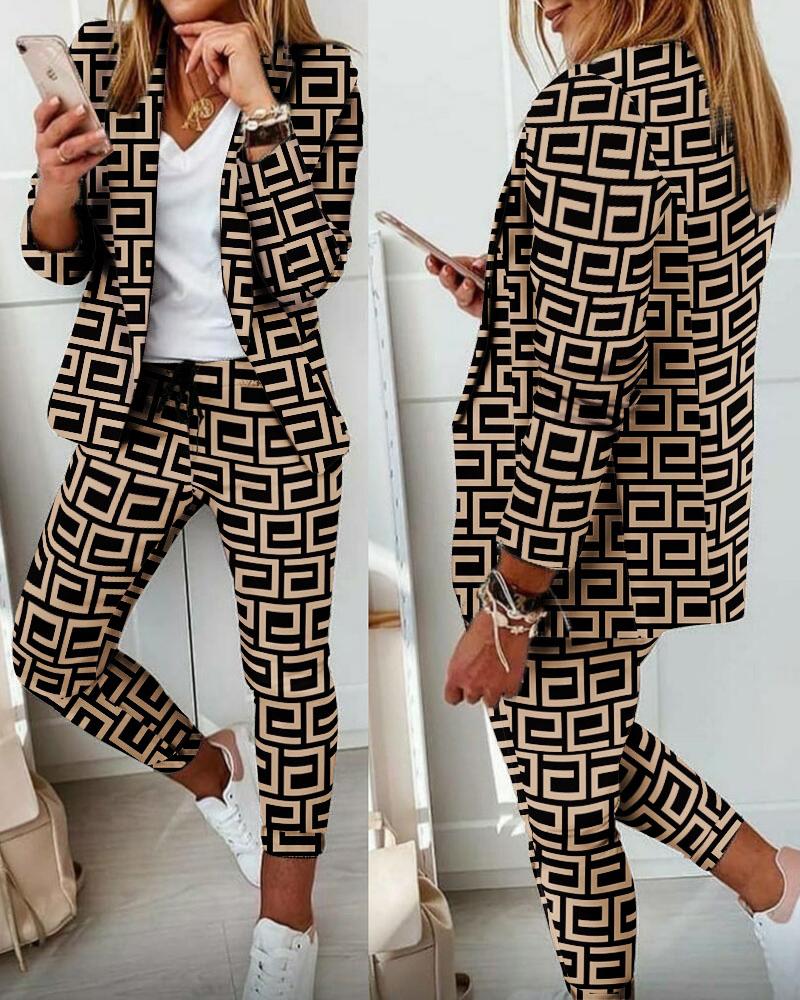 

Geo Print Shawl Collar Blazer & Drawstring Pants Set, Khaki