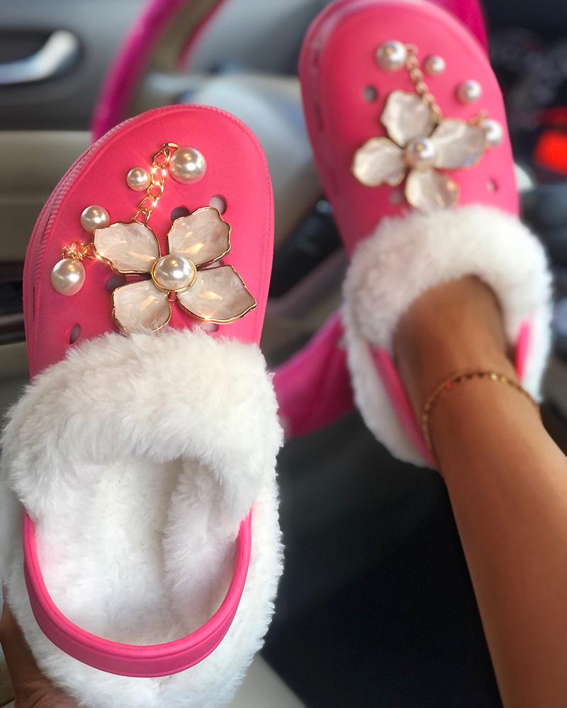 

Chain Floral Pattern Beaded Fluffy Clogs, Hot pink