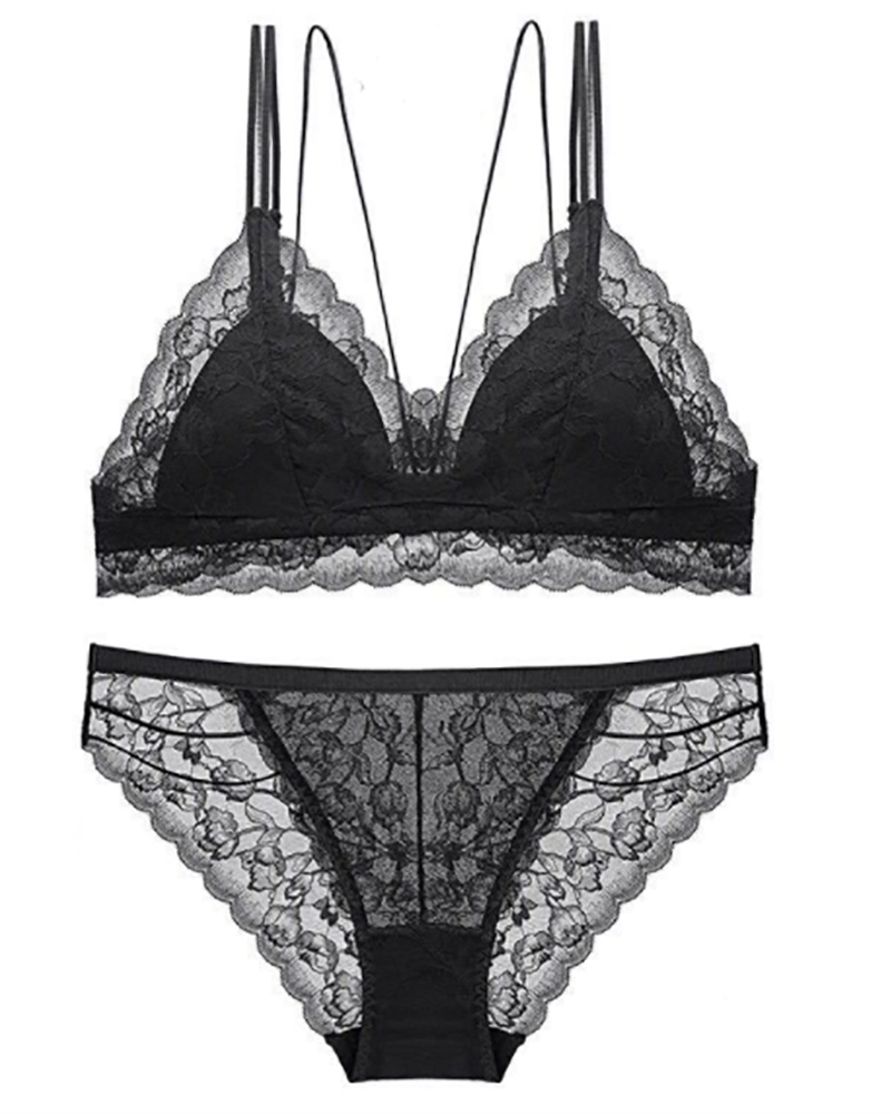 

Crochet Lace Sheer Mesh Spaghetti Strap Lingerie Set, Black