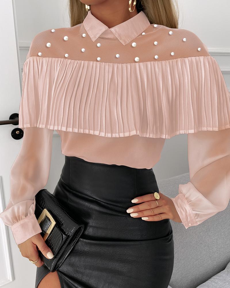 

Beaded Sheer Mesh Ruched Women Top, Pink