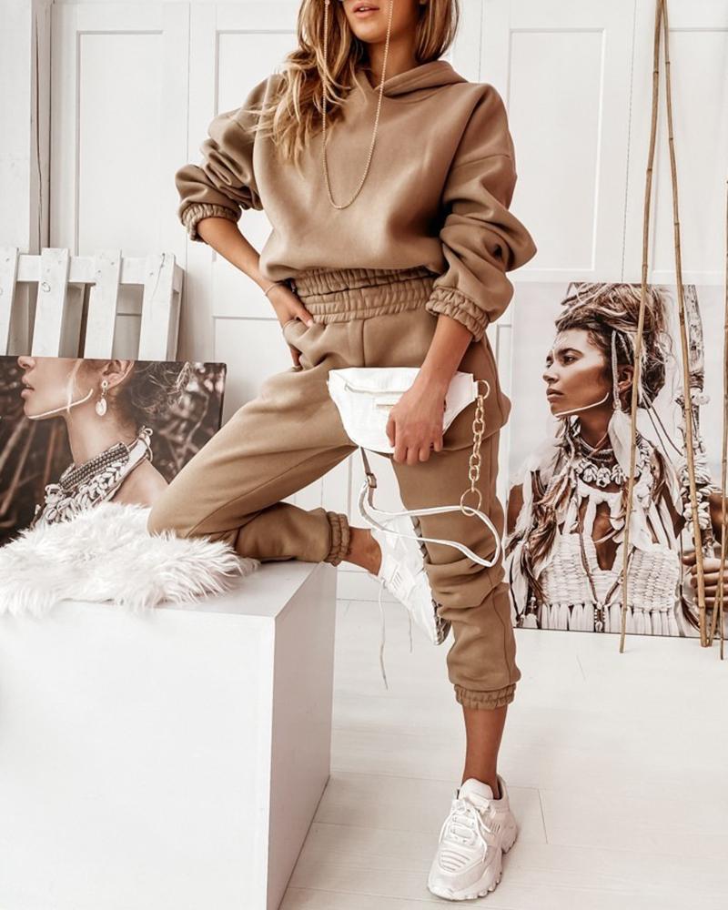 

Long Sleeve Hooded Top & Shirred Pants Set, Brown