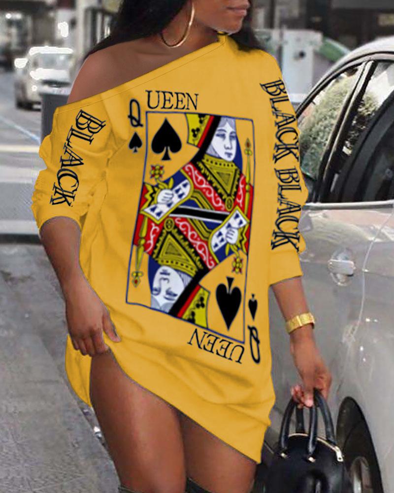 

Poker Letter Print Long Sleeve Casual Dress, Yellow