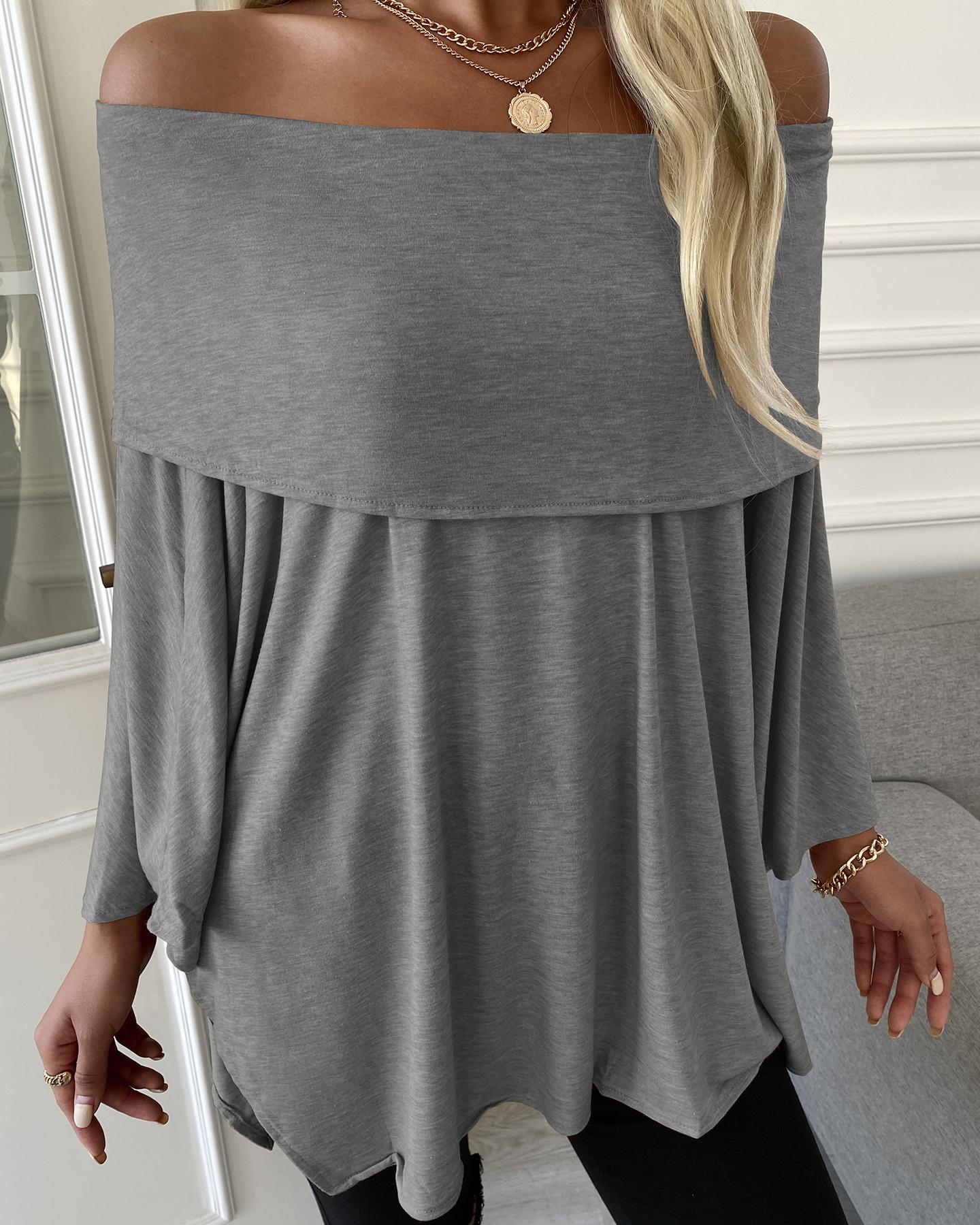 

Off Shoulder Long Sleeve Plain Top, Gray
