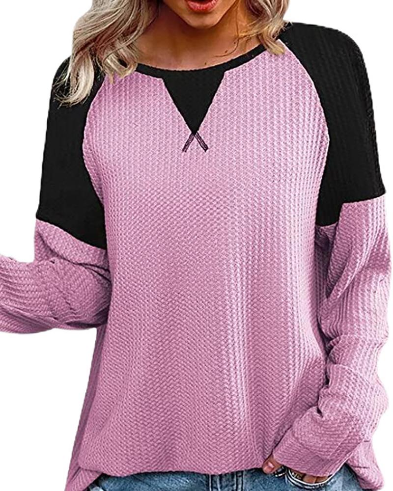 

Long Sleeve Colorblock Round Neck Casual Top, Purple