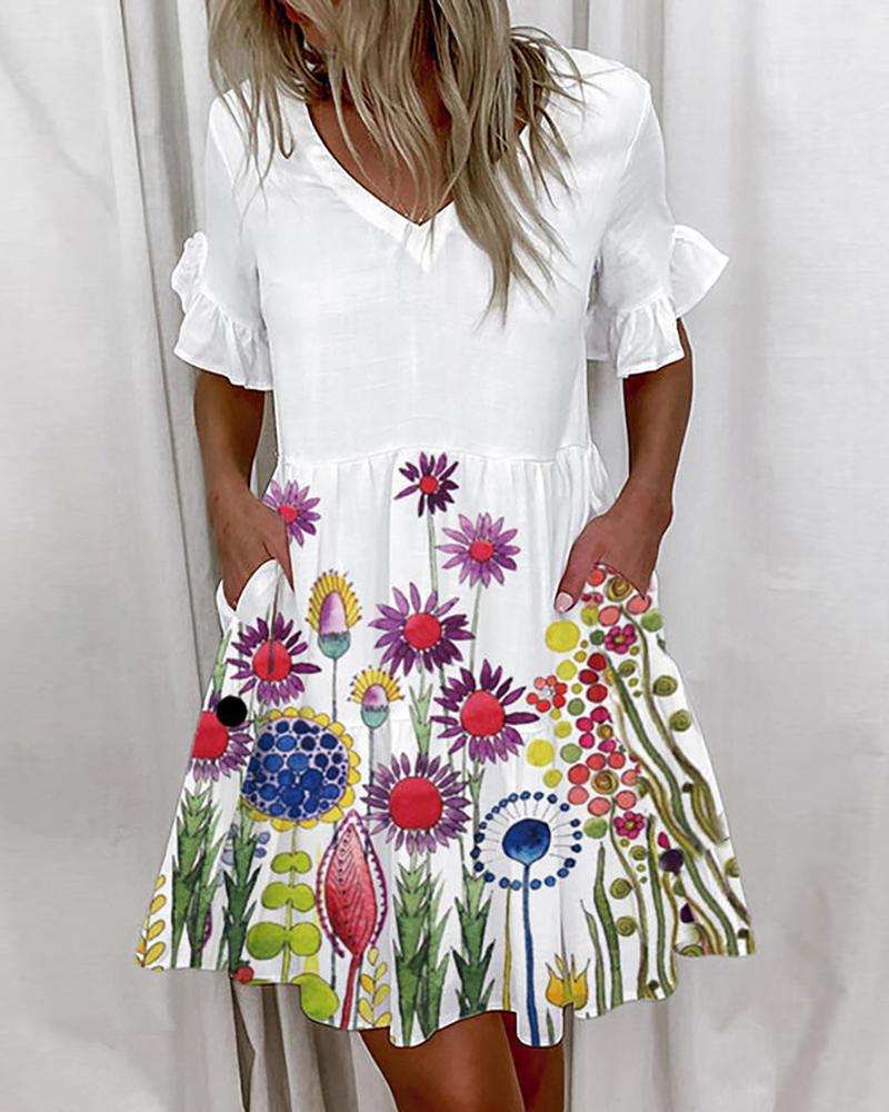 

Floral Print Short Sleeve Casual Dress, White
