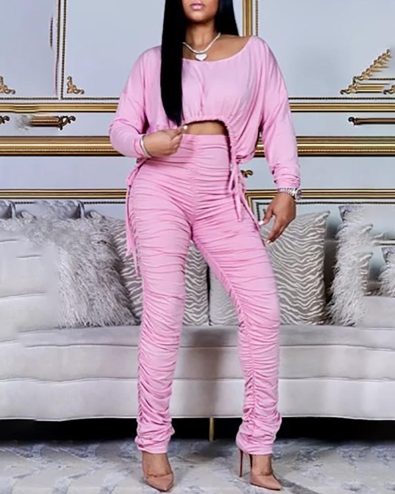 

Drawstring Long Sleeve Top & Ruched High Waist Pants Set, Pink