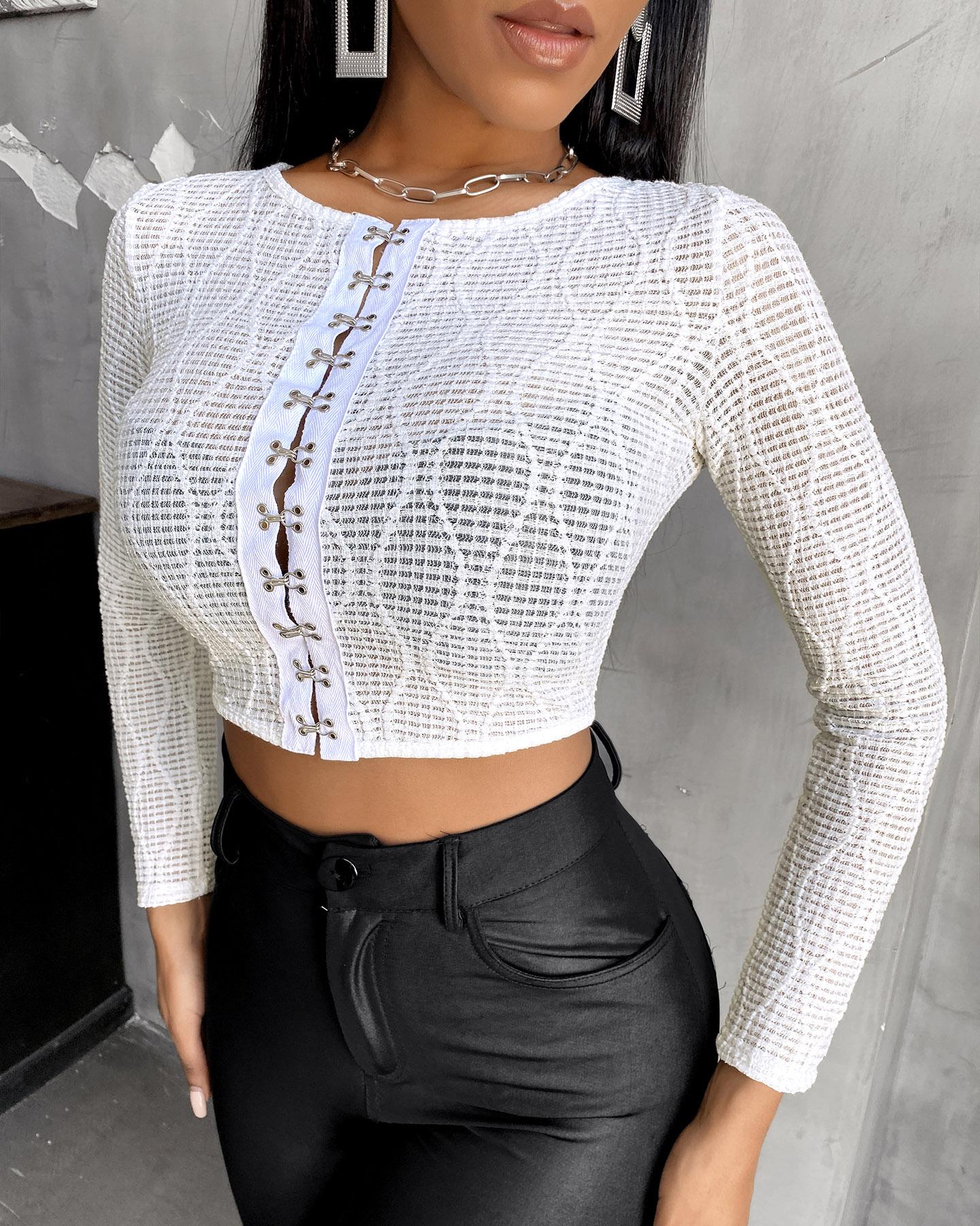 

Lace Cutout Eyelet Lace-up Top, White