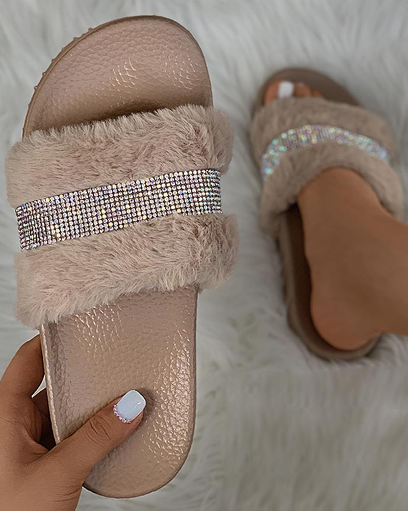 

Rhinestone Fluffy Open Toe Slippers, Khaki