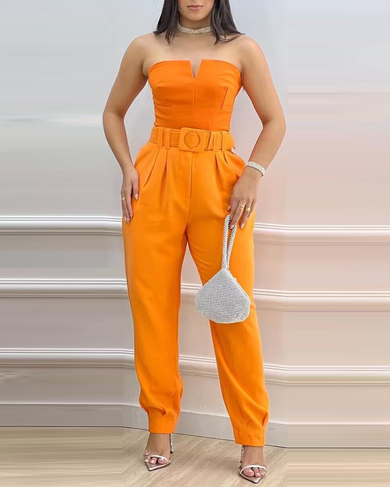 

V-Cut Bandeau Top & High Waist Belted Cuffed Pants Set, Orange