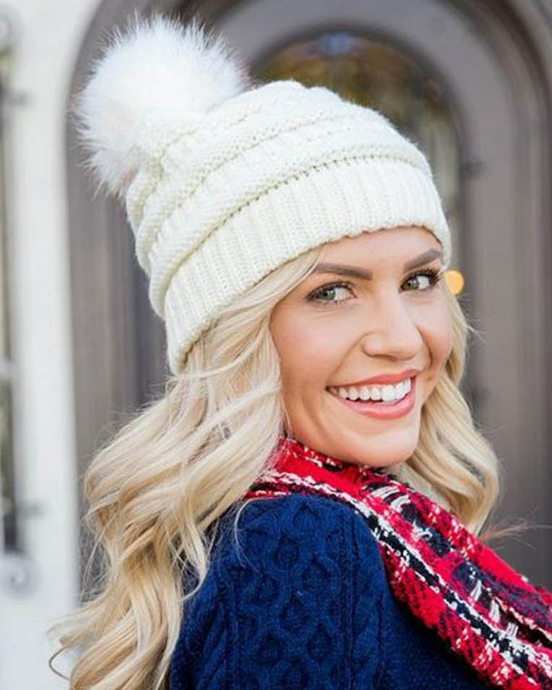 Winter Thermal Knit Bennie Hat With Pom Pom