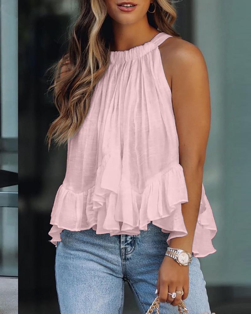 

Halter Ruched Ruffles Casual Top, Pink