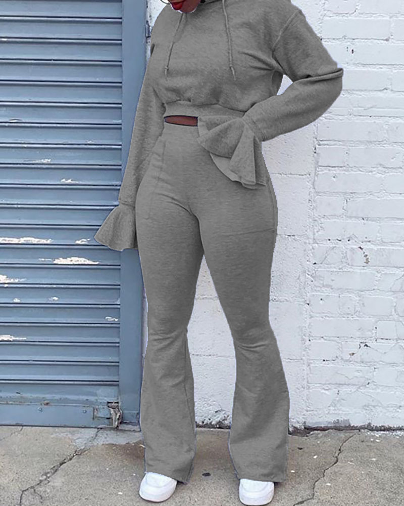 

Bell Sleeve Hooded Crop Top & High Waist Bootcut Pants Set, Gray