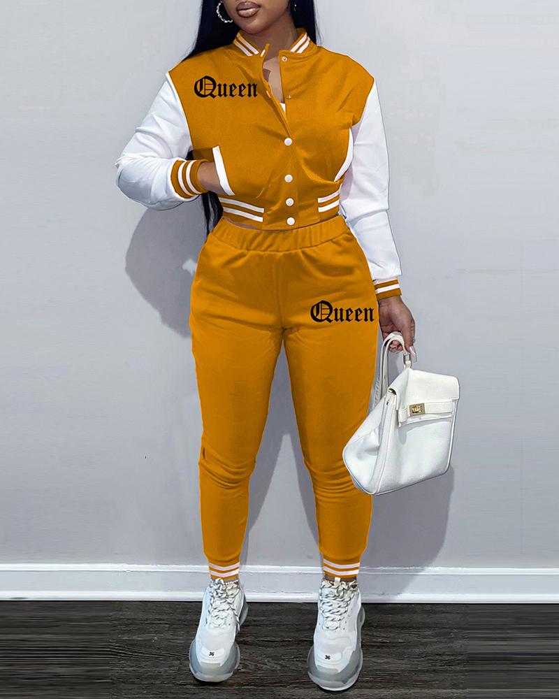 

Colorblock Striped Pocket Design Baseball Jacket & Pants Set, Orange