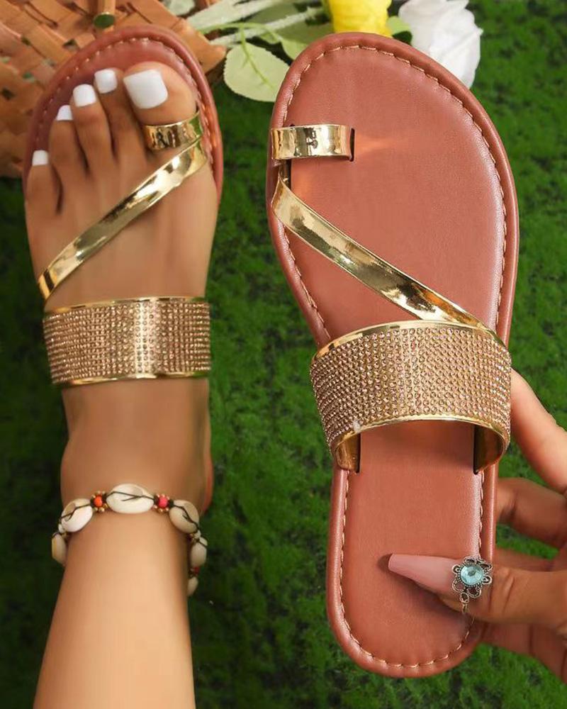 

Toe Ring Rhinestone Beach Flip Flops, Gold