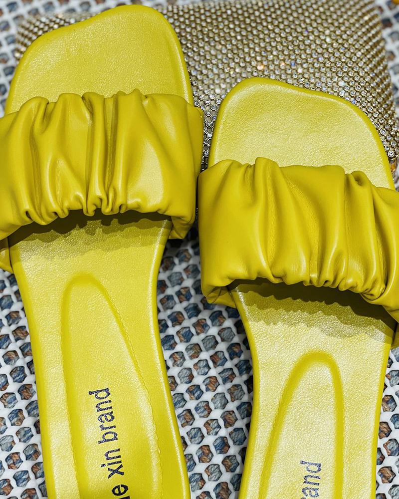

Square Toe Ruched Flat Sandals, Yellow