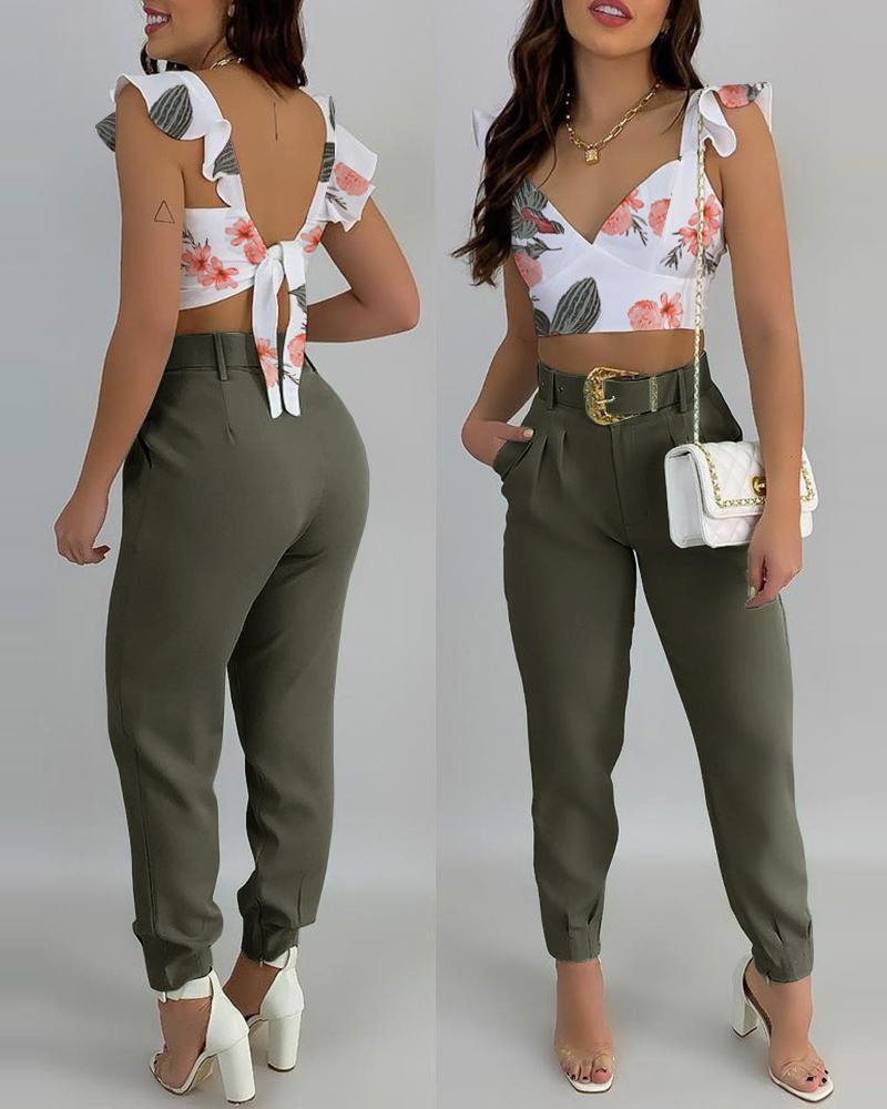 

Floral Print Ruffles Tie Back Top & Pants Set, Green