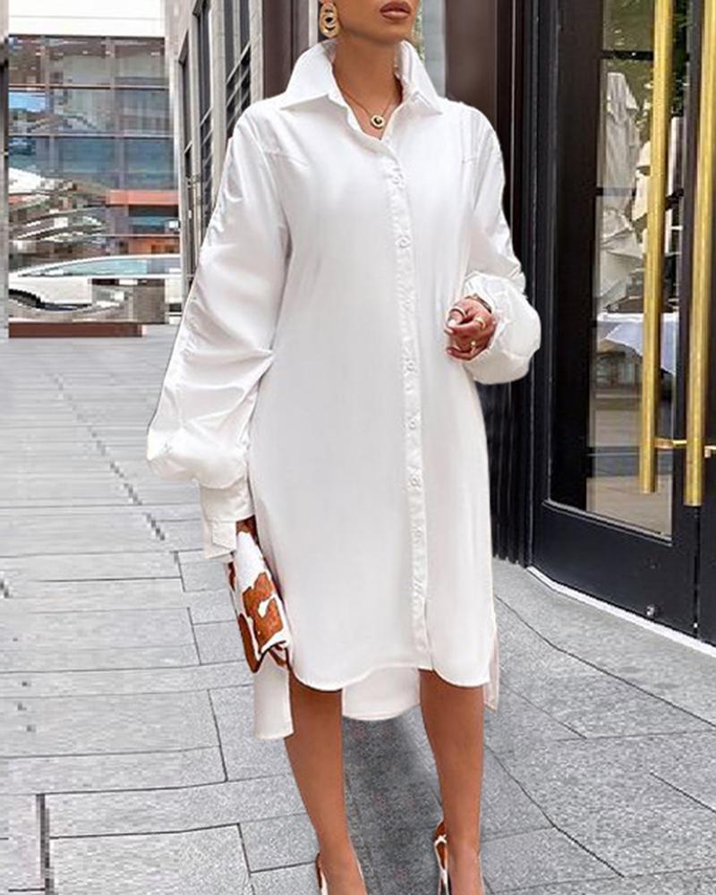 

Solid Color Long Sleeve Slit Button Front Shirt Dress, White