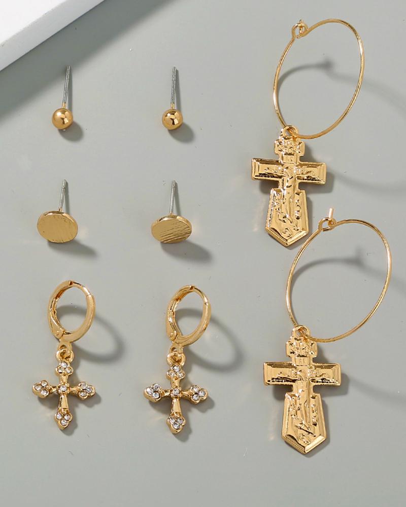 

4Pairs Studded Cross Pattern & Beaded & Disc Earrings Set, Gold