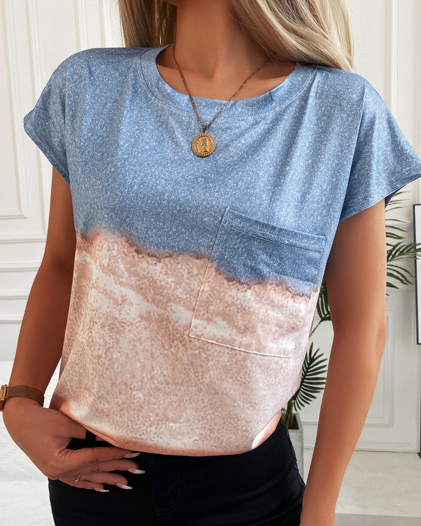 

Round Neck Short Sleeve Graphic Print T-shirt, Blue